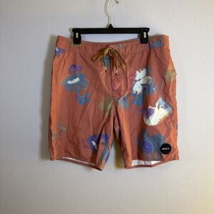 RVCA RUCA 4 Way Stretch Mens Floral Orange Teal Swim Board Shorts Sz 36 10"